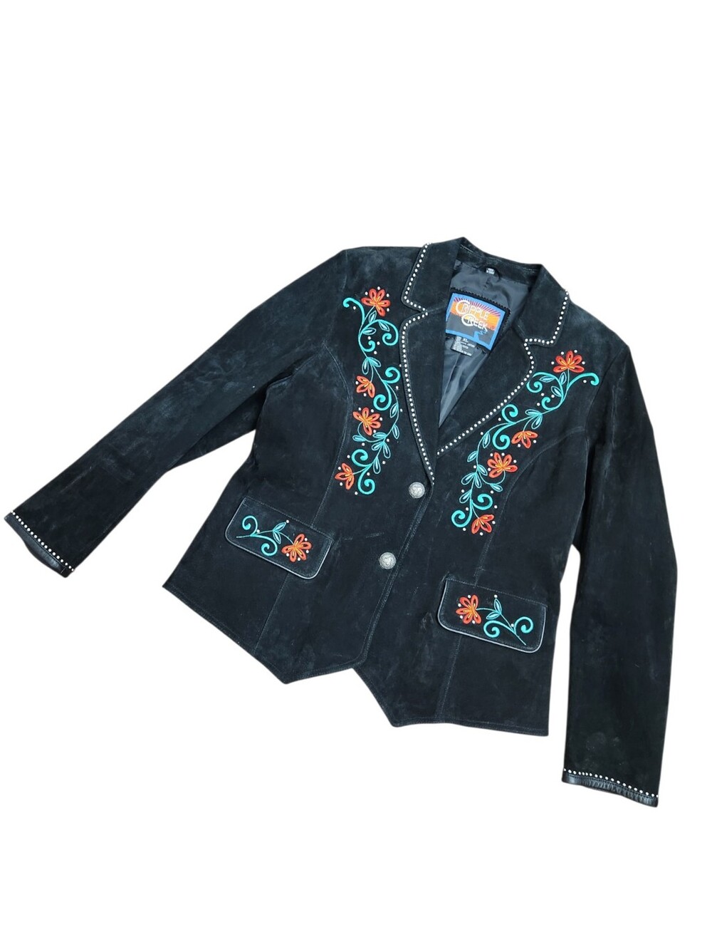 VTG Cripple Creek Jacket Black Suede Embroidered Western Cowboy Womens XL Boho